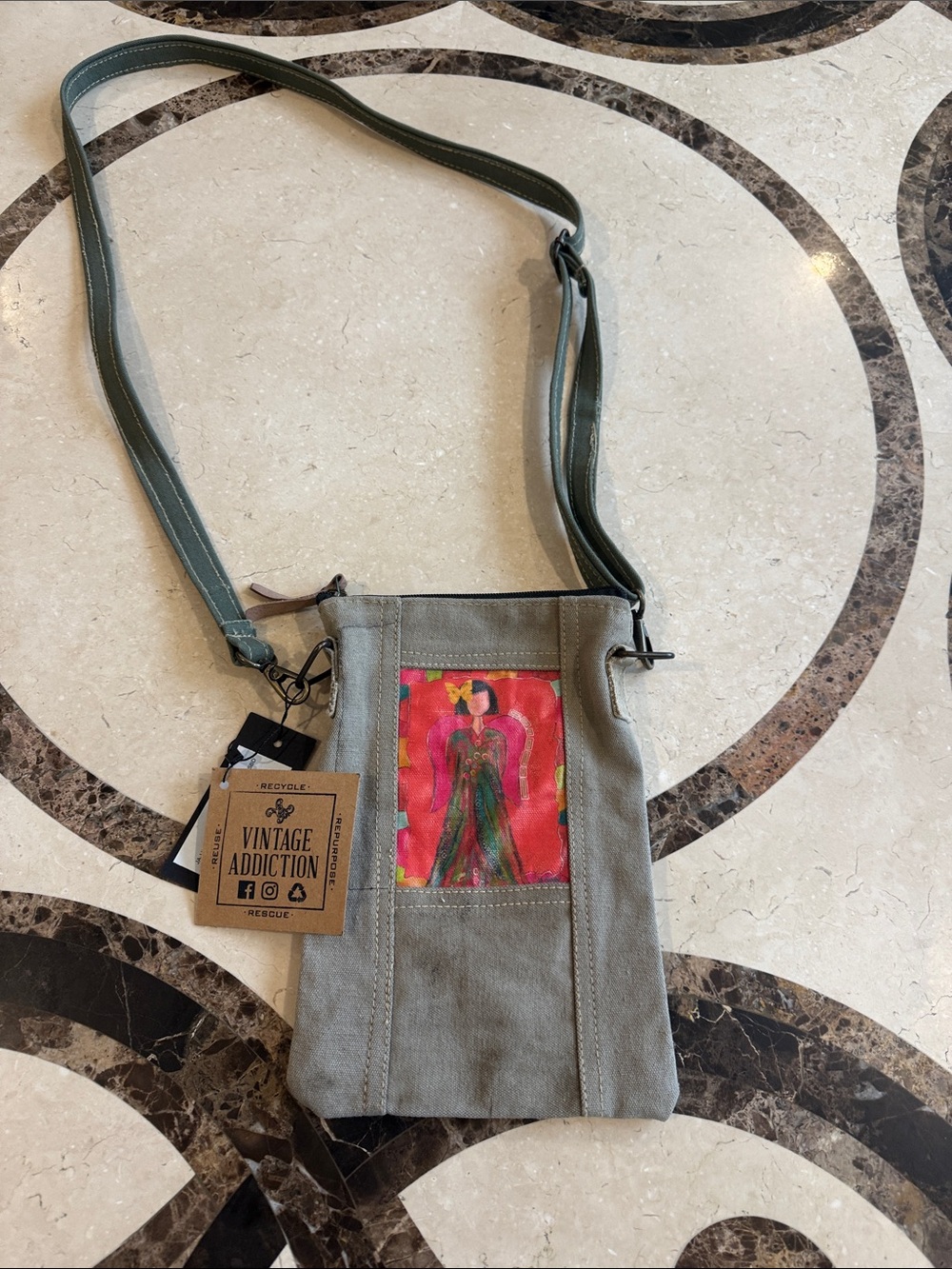 Vintage Addiction Olive Canvas Messenger Bag with Artistic Patch